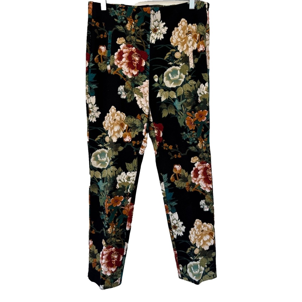 Chicos Pants 0.5 Black Floral Pull On Ponte Straight Leg Whimsigoth Grandmother